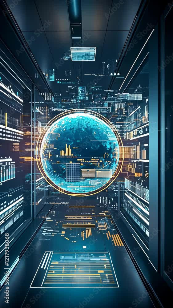 Aufkleber digital corridor featuring a futuristic globe surrounded by technological data streams and illuminat