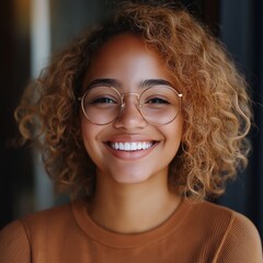 Obraz premium A cheerful young woman with curly hair and glasses, radiating joy and warmth in a softly lit environment.