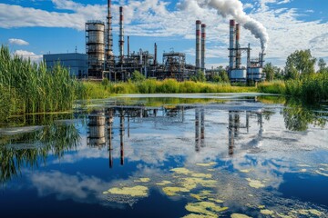 Obraz premium Consequences of chemical water pollution near an industrial plant with lush greenery and reflections