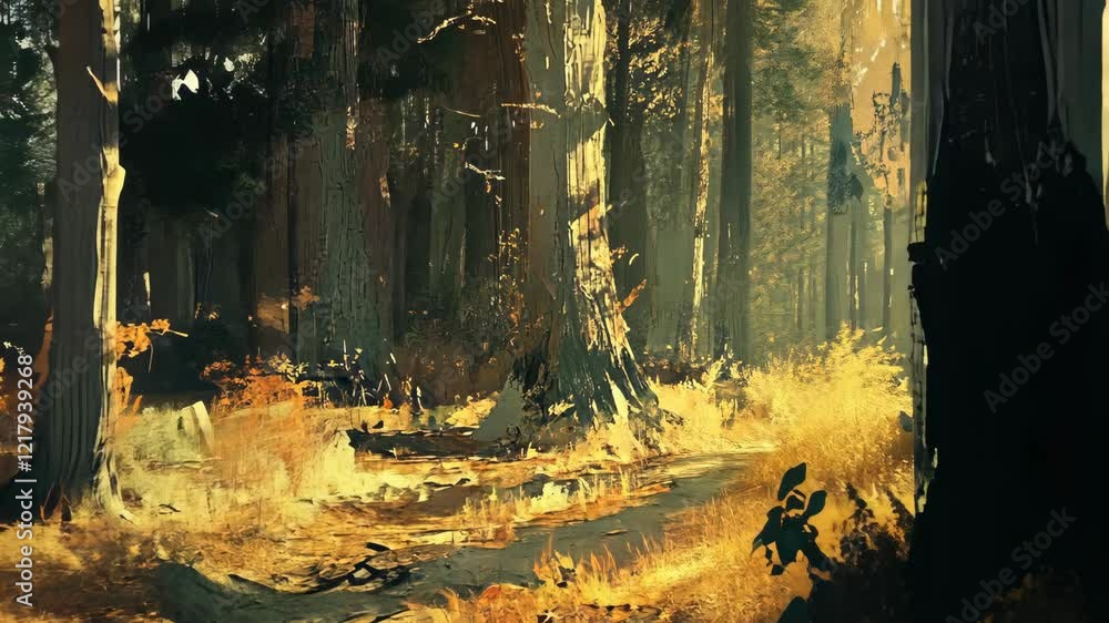 Poster sunlight filtering through tall trees along a vibrant forest path in autumn