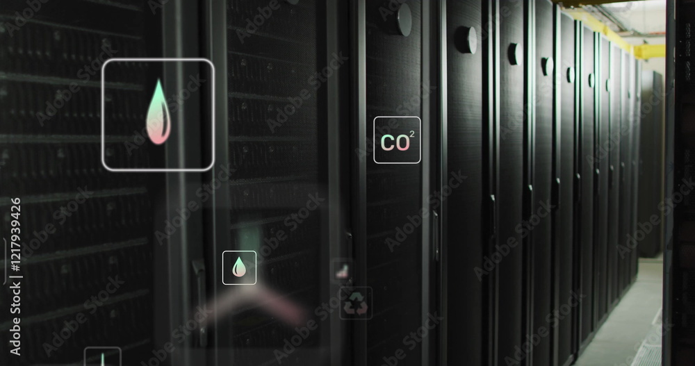 Poster image of eco icons and data processing over computer servers