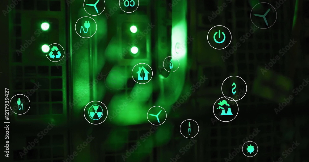 Poster image of eco icons and data processing over computer servers