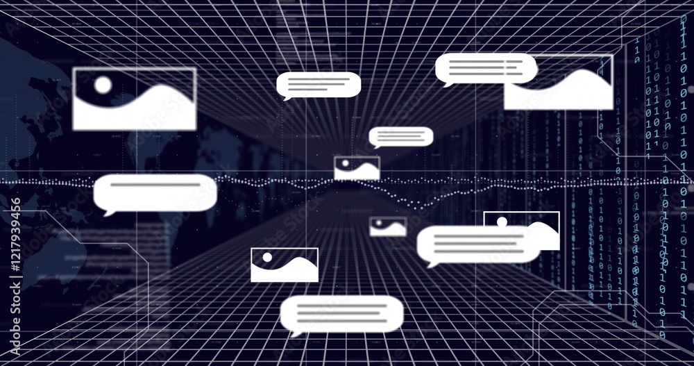 Poster chat bubbles and image icons image over grid background with data points