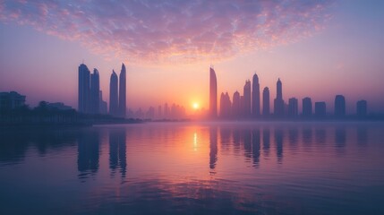 Fototapeta premium Cityscape sunrise reflection, hazy morning, coastal
