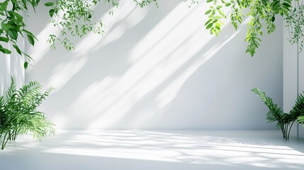 Obraz premium Empty room with plants casting shadows on white wall and floor