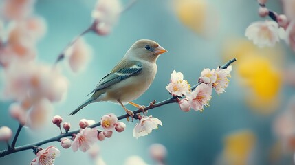 Serene bird perched gently on blossoming branch soft pastel light. AI Generated