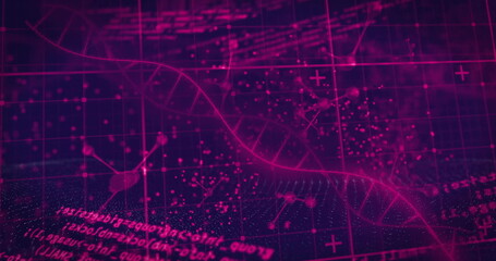 Image of digital data processing over dna strand spinning on black background