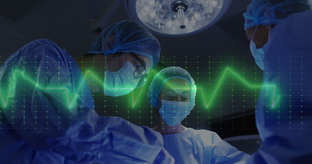 Image of cardiograph over diverse surgeons during surgery