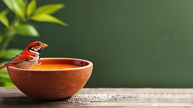   A petite avian perched atop an orange elixir within a verdant backdrop, adjacent to a bamboo stalk