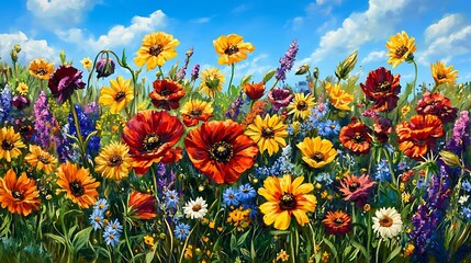 Vibrant Wildflower Meadow Under a Sunny Sky: A Summertime Floral Masterpiece