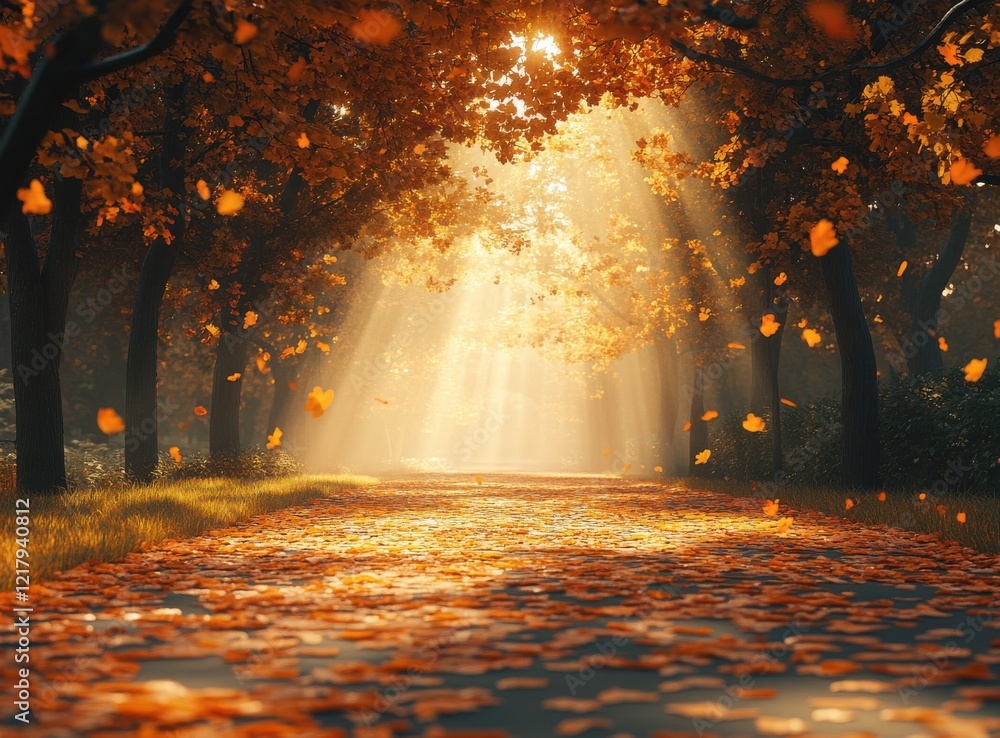 Poster serene autumn pathway with golden leaves and sunlight filtering through trees in a tranquil forest s
