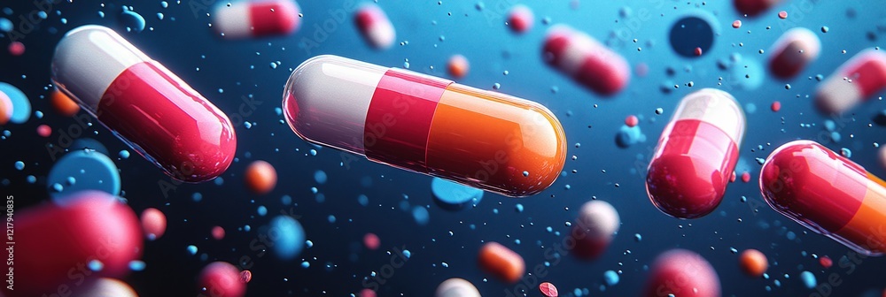 Poster brightly colored capsules floating in a dynamic underwater environment