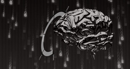 Obraz premium Image of binary coding and data processing with human brain over black background