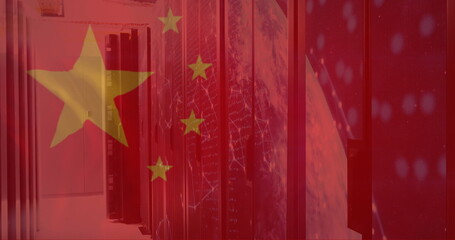 Image of flag of china and digital data processing over computer servers