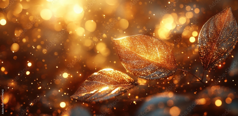 Poster sparkling golden leaves surrounded by glowing bokeh lights in a dreamy autumn setting creating a mag