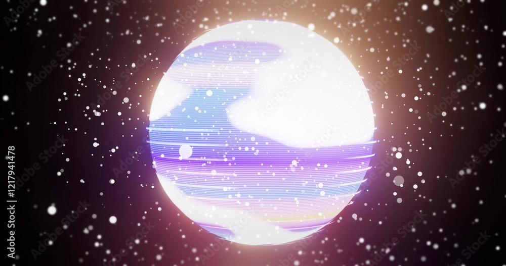 Poster glowing planet with horizontal lines and particles, space image