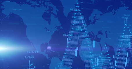 World map with financial data processing and stock market charts image