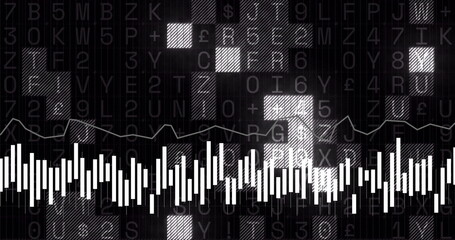 Financial data analysis image over fluctuating bar and line graphs