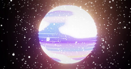 Glowing planet with horizontal lines and particles, space image