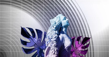 Abstract geometric shapes and grid image over statue with colorful wings