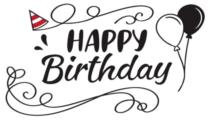 Happy Birthday font isolated black outline vector illustration, transparent background