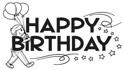 Happy Birthday font isolated black outline vector illustration, transparent background