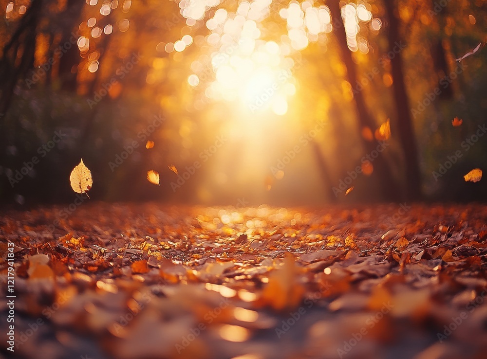 Poster sunlight filters through autumn trees creating a golden glow over a scenic pathway covered with fall