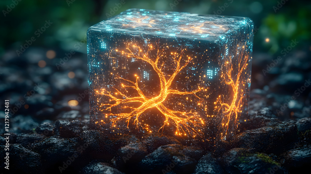 Poster luminous cube with glowing tree of light in dark mystical setting