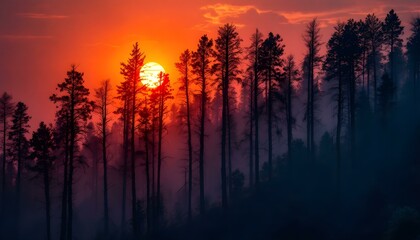 Obraz premium Fiery Sunset Silhouette Forest Landscape Photography