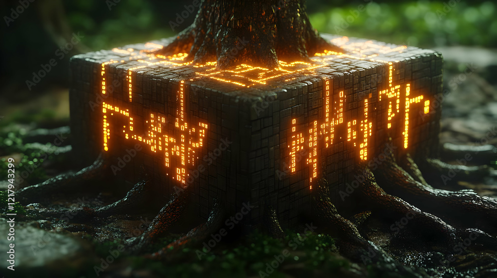 Poster glowing cube embedded in ancient tree roots: a dark fantasy forest scene