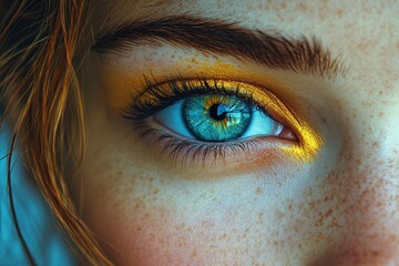 Vibrant close-up of a woman’s eye showcasing striking yellow and blue makeup details