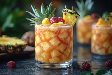 Refreshing Pina Colada cocktail served in a pineapple glass with vibrant fruit garnishes
