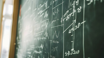 Classroom chalkboard filled with complex math equations, bright window in background, education concept