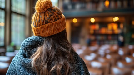 Obraz premium Woman in Knitted Beanie Contemplating in a Cozy Cafe