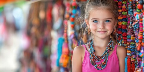 Fototapeta premium A smiling girl with colorful jewelry stands in front of a vibrant backdrop filled with handmade beads and accessories.