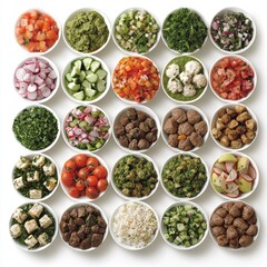 Assorted healthy food bowls, studio shot, meal prep, diverse ingredients, various toppings, white background, recipe inspiration