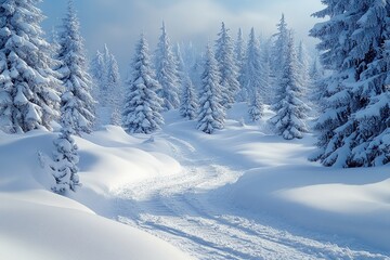 Fototapeta premium Winter wonderland filled with snow-covered trees and a winding path through nature