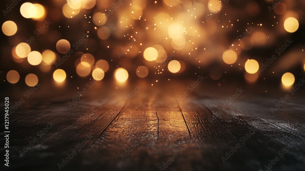 Aufkleber empty wooden table illuminating by magical golden bokeh lights background