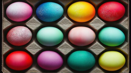   A carton with various colored eggs in it