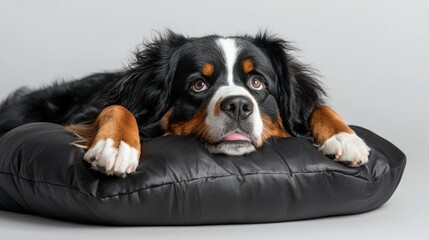 Calm Bernese Mountain Dog Lying on Soft Black Dog Bed