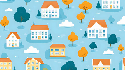 Autumnal suburban neighborhood aerial view, houses, trees