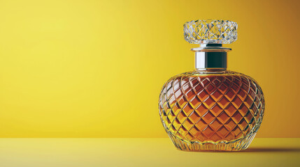 Luxury Amber Perfume in Crystal Bottle on Yellow Background