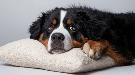 Sad Bernese Mountain Dog Resting on a Soft Pillow Indoors