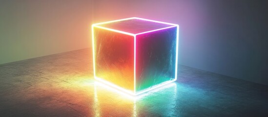 Glowing neon cube with vibrant rainbow colors creating a mesmerizing abstract 3D backdrop  Futuristic and minimalist geometric form with luminous illumination and digital visualization