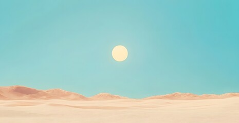 Vast desert landscape under a clear blue sky with a bright sun illuminating the scene