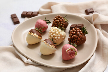 Plate with chocolate covered strawberries on white background