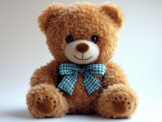Obraz premium A cute brown teddy bear with a blue bow, perfect for comfort and companionship.