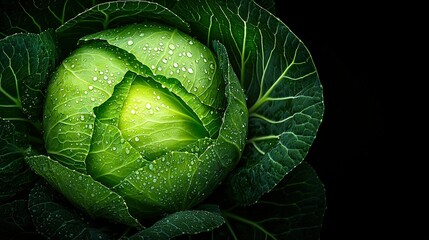 Obraz premium A green leafy vegetable is shown in a close-up with droplets of water on its leaves
