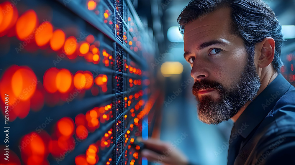 Poster focused network engineer working in a modern server room