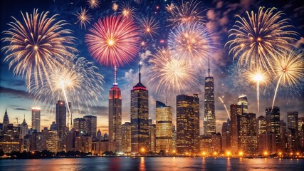 Fireworks in the sky over a vibrant skyline, for Independence Day celebration